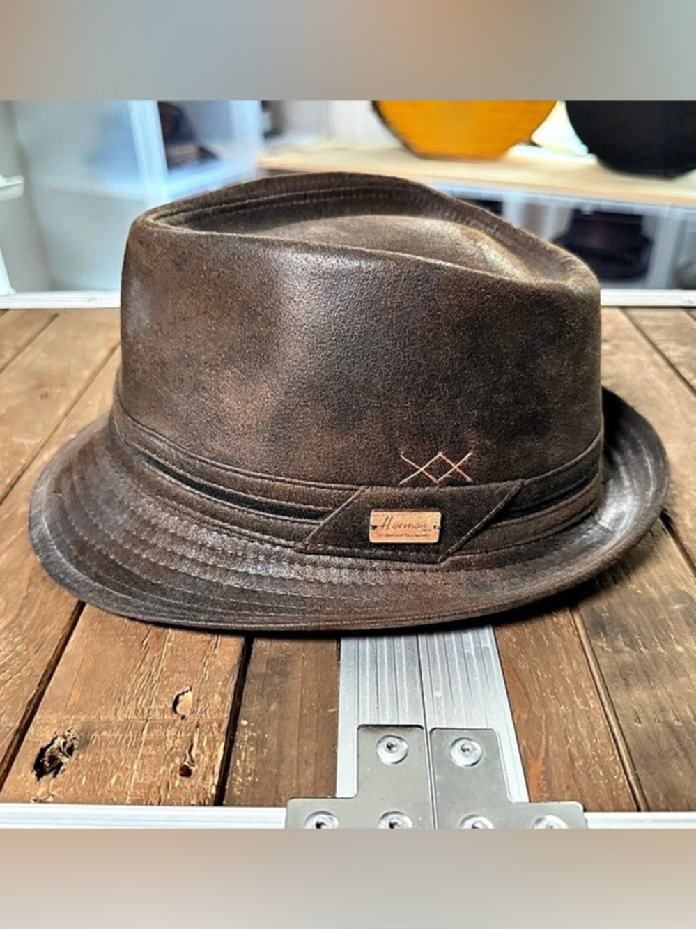 Herman 1874 Brown Fedora Trilby Hat Distressed Leather Look 58cm